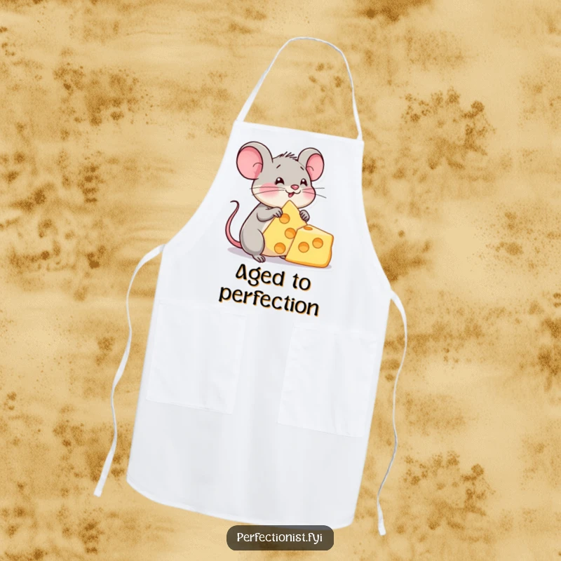 Funny apron featuring a content mouse character admiring a perfect cheese triangle, ideal for cooking and kitchen fun, a must-have funny gift.