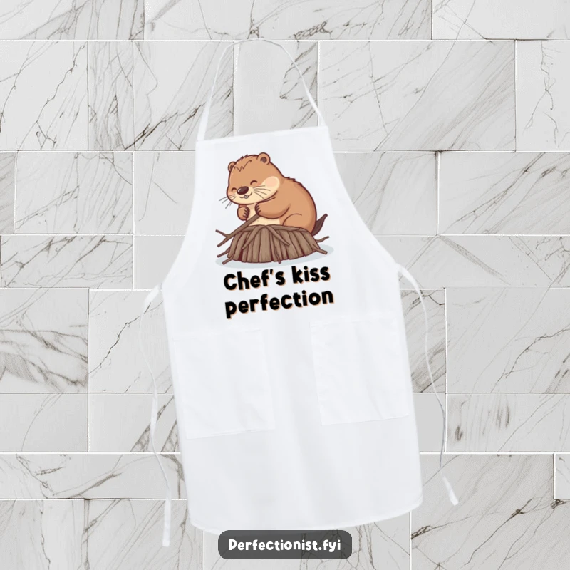 Funny apron showing a beaver precisely smoothing dam twigs, ideal for cooks who value extreme neatness and a touch of humor in the kitchen.