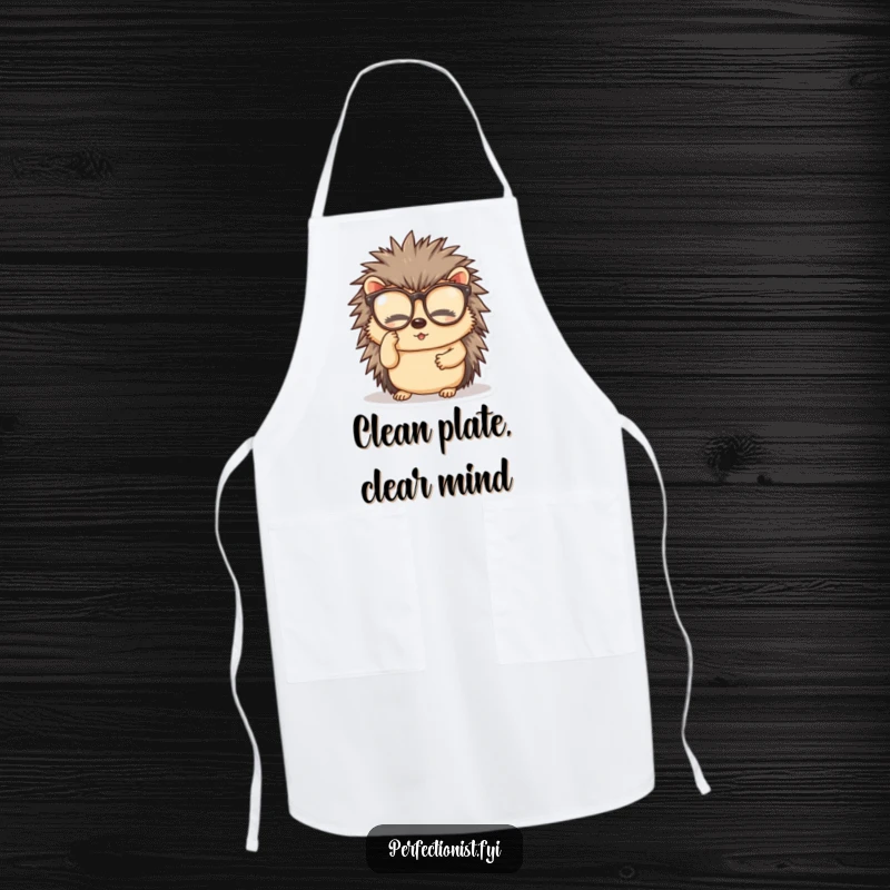 Funny apron showcasing a diligent hedgehog character, meticulously cleaning its spectacles, adding humor to kitchen activities.