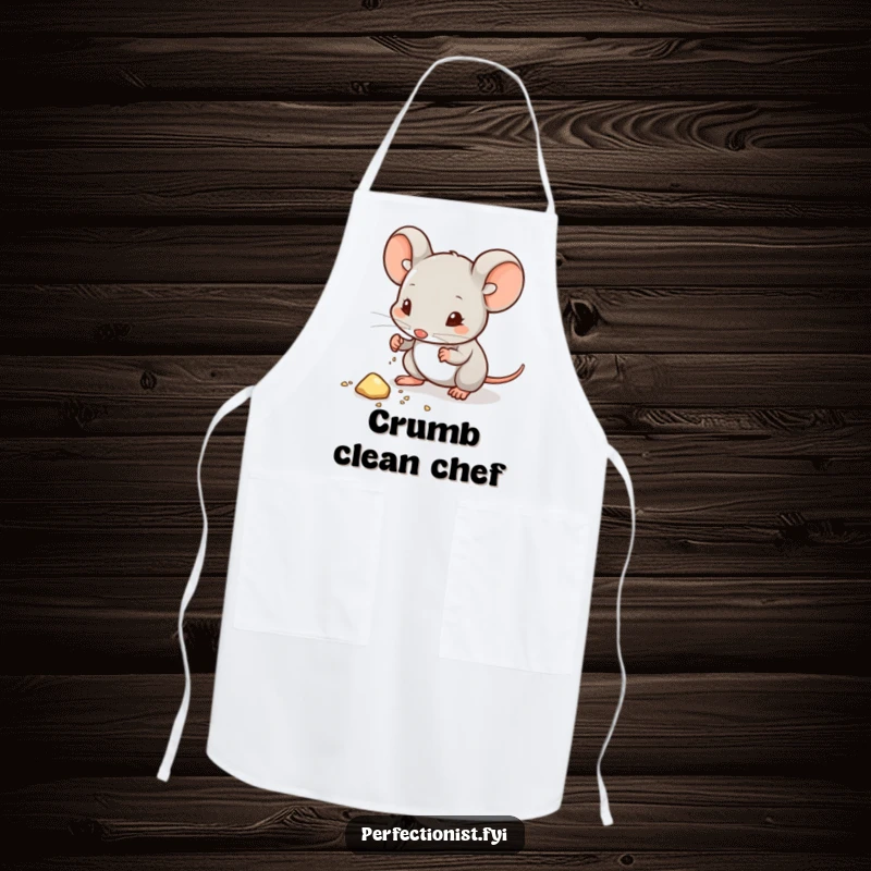 Funny apron featuring a mouse character wiping dust from a crumb, showcasing its pristine culinary approach and a humorous love for cleanliness.