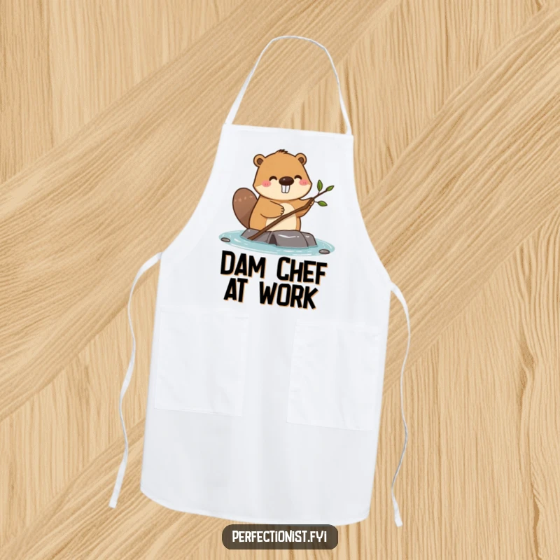Funny happy beaver straightening a single small twig on a dam on a kitchen apron, perfect for builders and chefs.