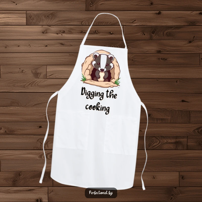 Funny badger character precisely ensuring its burrow entrance is flawless on an apron, a humorous kitchen accessory for diligent cooks and a funny gift.
