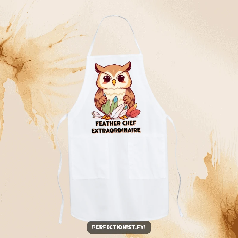 Funny owl character precisely sorting feathers by size on an apron, a humorous kitchen accessory for organized cooks and a great funny gift.