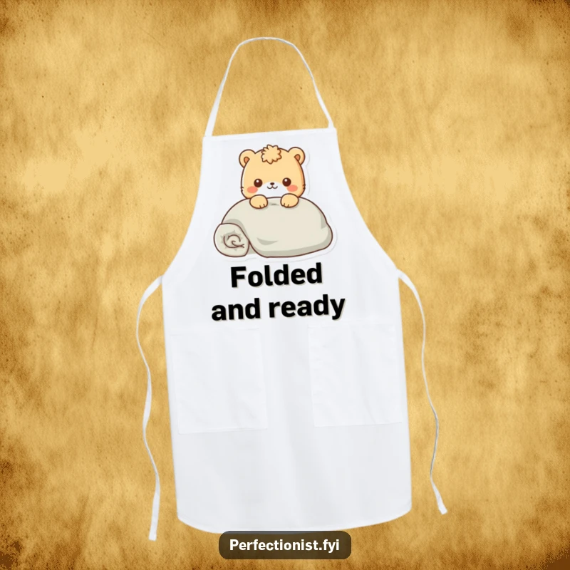 Funny Apron depicting an animal character smoothing a perfectly folded kitchen towel or blanket, showing meticulousness.