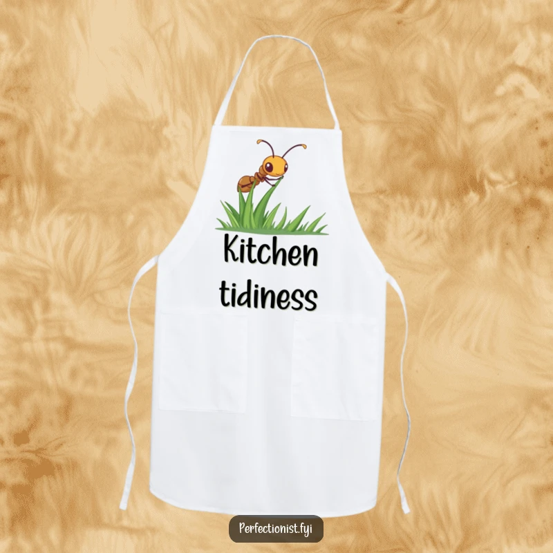 Funny ant apron with a diligent ant meticulously straightening a blade of grass, designed for culinary tasks with a humorous focus on detail.