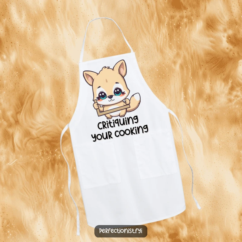 Funny Apron: An animal character is shown critically examining a picture or recipe, adding humorous insight to cooking tasks.