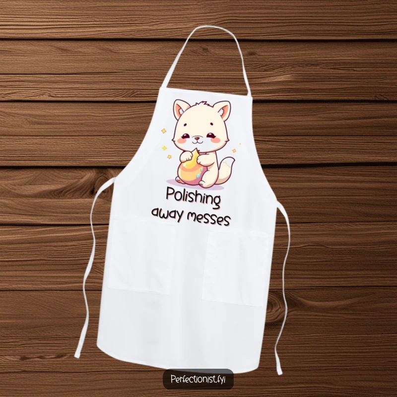Funny Apron: An animal character is shown polishing cookware or utensils to a brilliant shine, adding humorous flair to kitchen tasks.