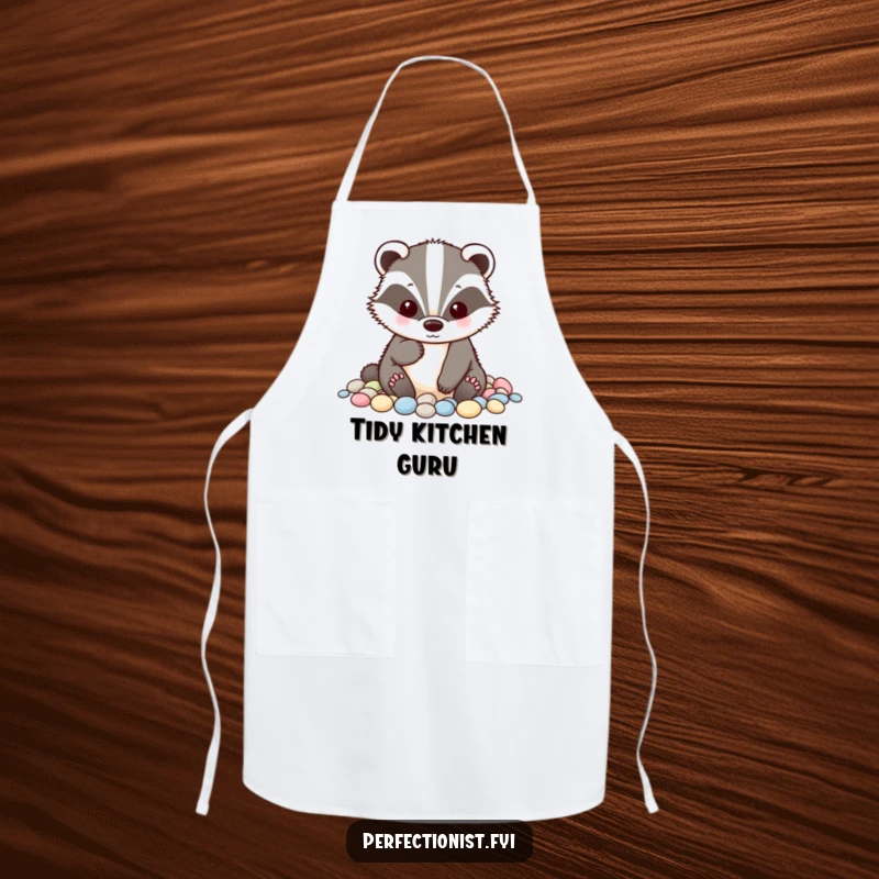Funny badger apron featuring a character meticulously alphabetizing small pebbles, adding a touch of humorous precision and protection to kitchen tasks.