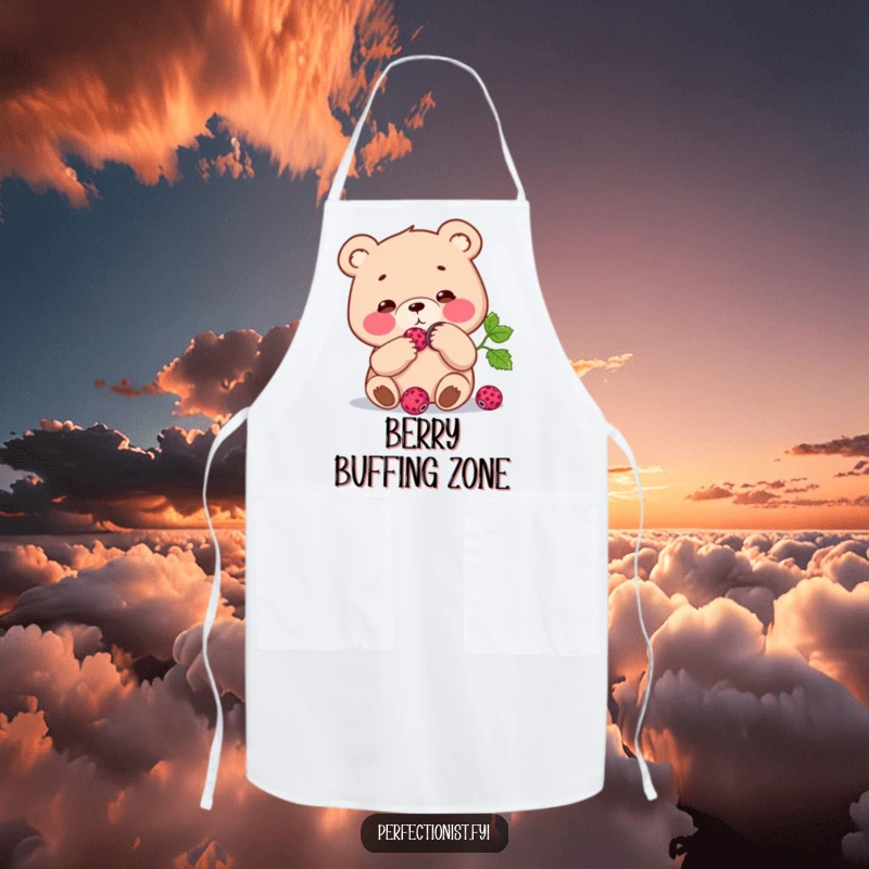 Funny Apron: Focused bear character polishing a single berry to a shine, adding a touch of meticulous humor to kitchen tasks.
