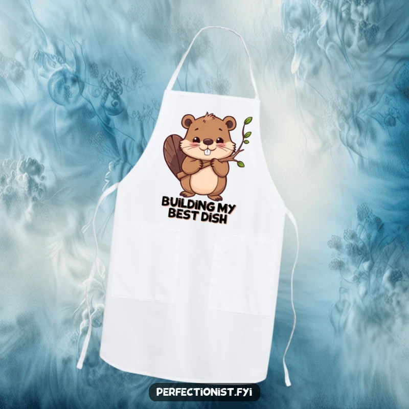 Funny apron with a determined beaver character smoothing branches, designed for chefs who are focused on perfection and a good laugh.