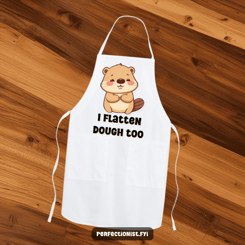 Funny beaver apron featuring a character meticulously smoothing a paper wrinkle, protecting the wearer with humorous attention to detail in the kitchen.