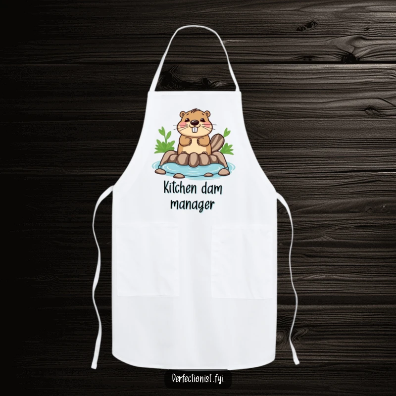 Funny beaver apron with a happy beaver ensuring its dam is perfectly symmetrical, designed for culinary tasks with a humorous focus on order.