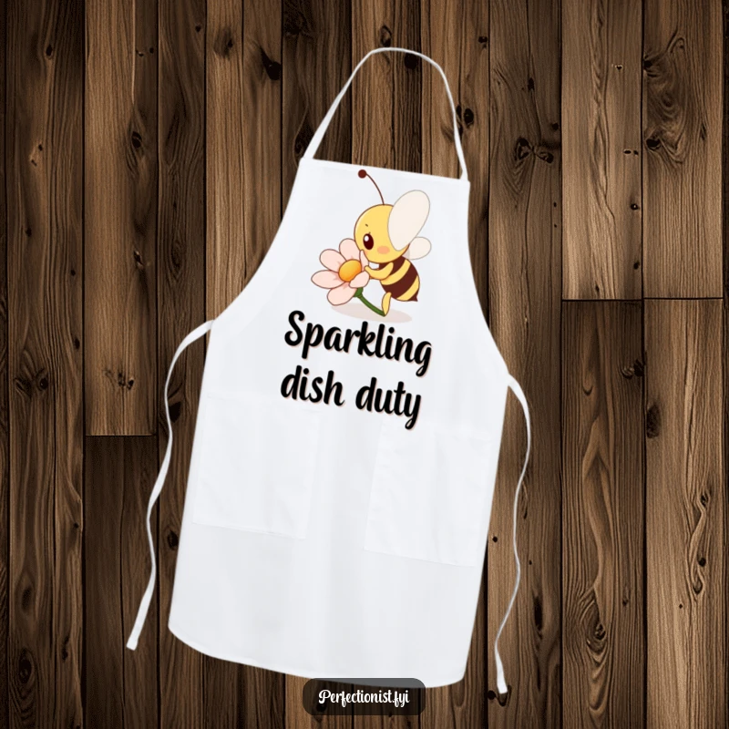 Funny Bee Apron: A diligent bee character is polishing a flower petal to a shine, symbolizing meticulous attention to detail in the kitchen.