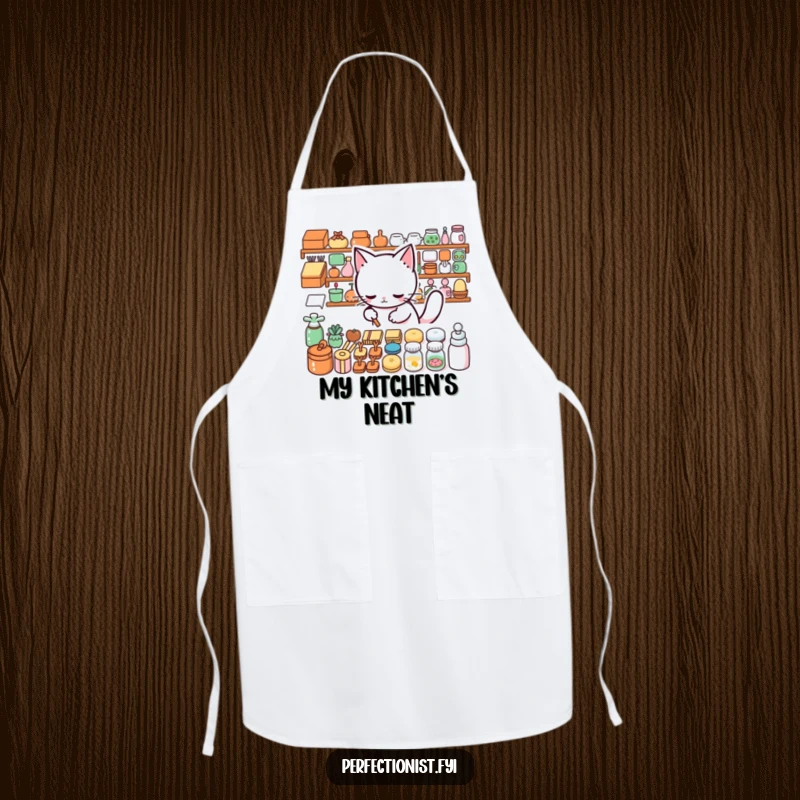 Funny Apron: A cat arranges kitchen items precisely, a humorous and practical gift for cooks.