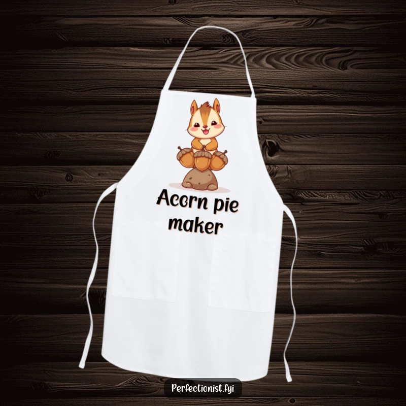 Funny apron featuring a happy chipmunk character balancing acorns, showcasing its cheerful culinary approach and a humorous love for perfection.