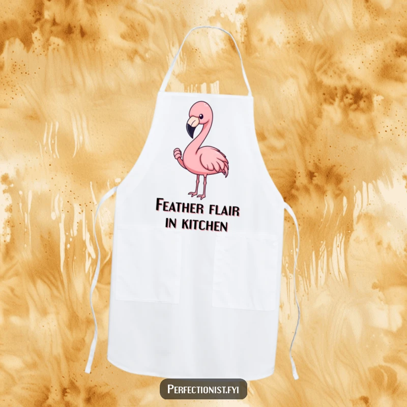 Funny flamingo apron featuring a blushing flamingo character adjusting a feather, ideal kitchen wear for stylish cooks.