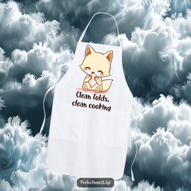Funny fox apron featuring a character meticulously folding a tiny handkerchief, adding a touch of dapper humor and protection to kitchen tasks.