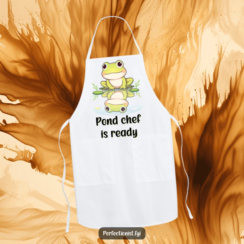 Funny apron featuring a frog character polishing its reflection in a pond, showcasing its pristine culinary approach and a humorous love for appearance.