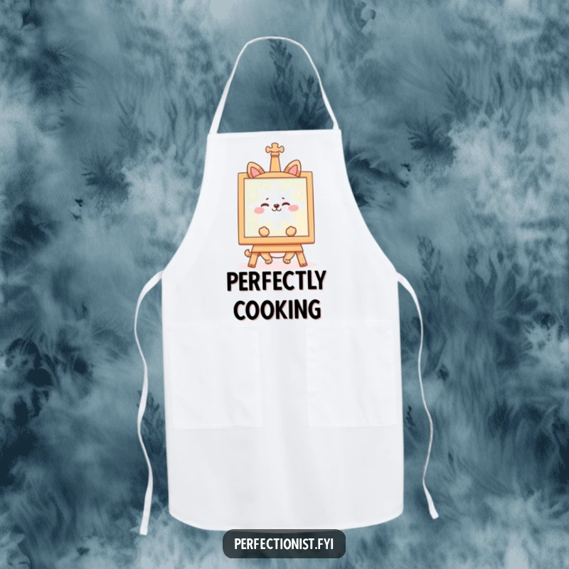 Funny apron showing a happy animal character admiring a symmetrical creation, perfect for kitchen elegance. A delightful funny gift.