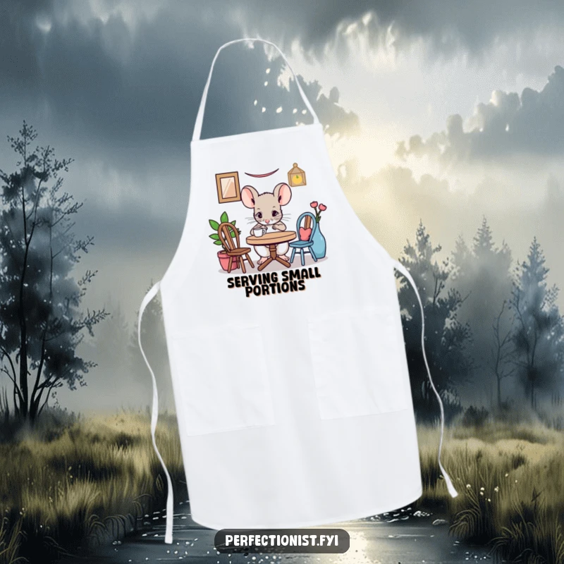 Funny mouse apron featuring a character meticulously adjusting a miniature table setting, adding a touch of humorous precision and protection to kitchen tasks.