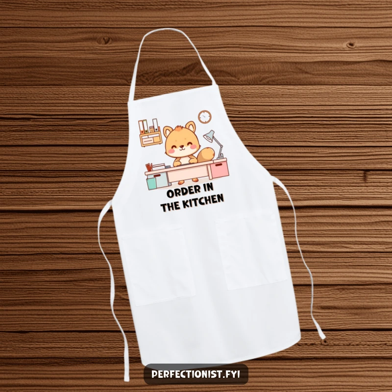 Funny Apron depicting an animal character proud of their organized kitchen workspace, mirroring a tidy desk.