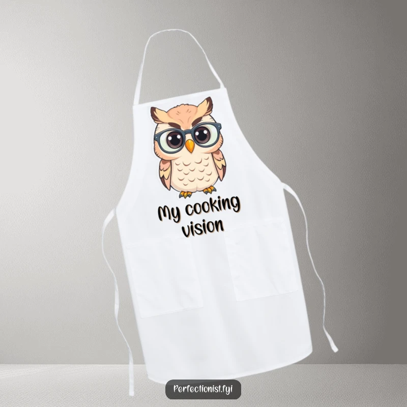 Funny Apron: An owl polishes its spectacles, a humorous and practical accessory for the kitchen.