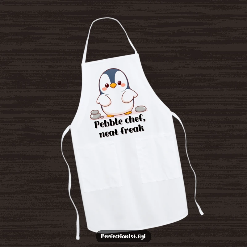 Funny penguin apron featuring a cheerful penguin character organizing pebbles in a line, ideal kitchen wear for neat cooks.