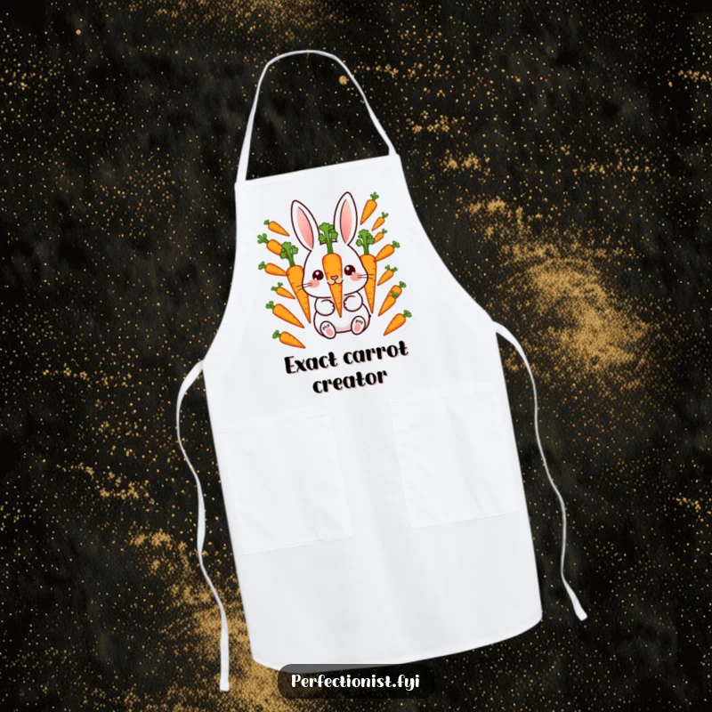 Funny Apron: Meticulous rabbit character aligning perfectly spaced carrots, adding a touch of precise humor to kitchen tasks.
