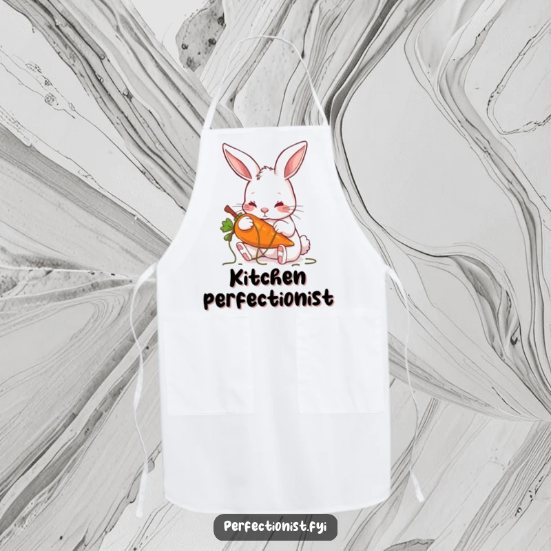 Funny apron depicting a rabbit meticulously tending to a carrot, ideal for precise kitchen tasks.