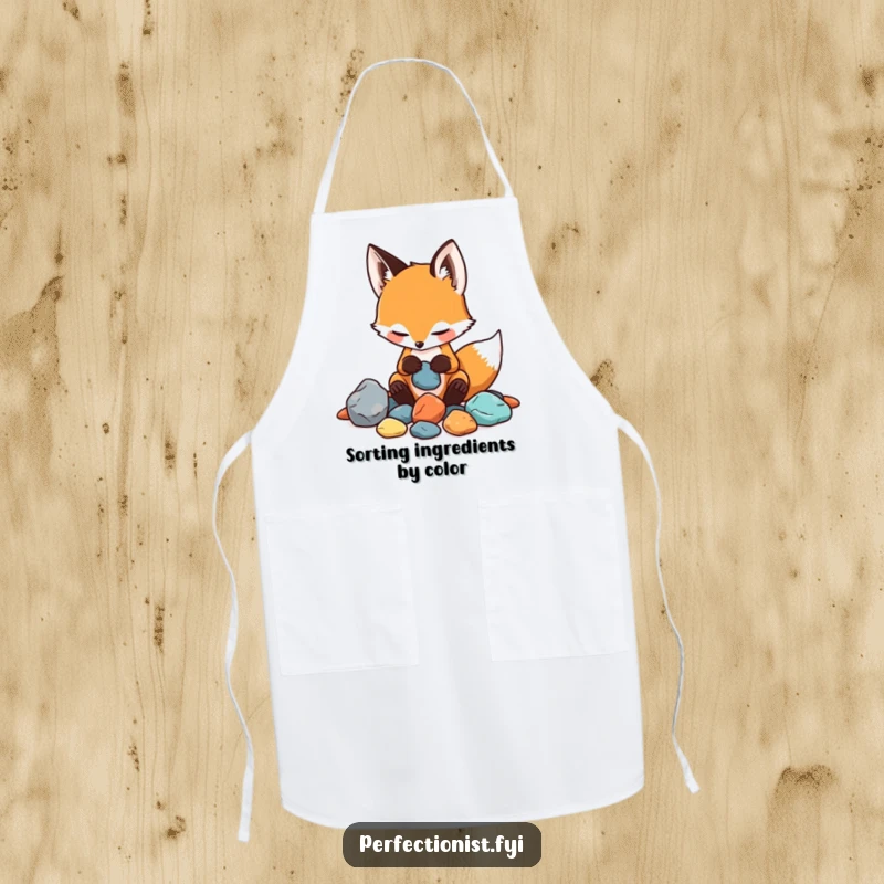 Funny apron showing a playful fox sorting rocks by color and texture, a humorous kitchen accessory for the detail-oriented chef.