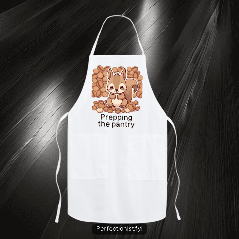 Funny apron featuring a diligent squirrel character meticulously organizing nuts by size, perfect for keeping clothes clean while adding kitchen humor.