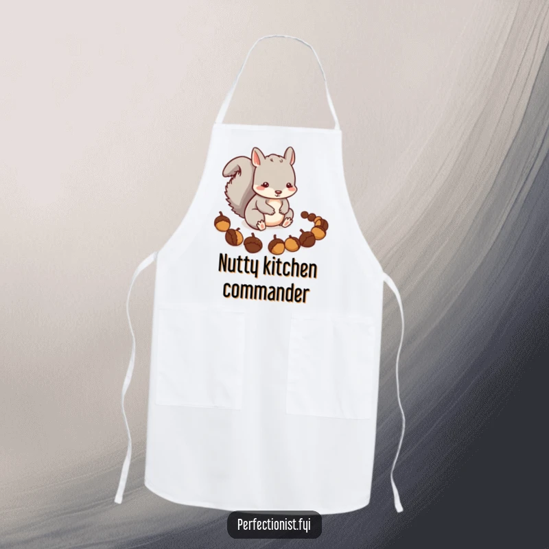 Funny Squirrel Apron: A careful squirrel character is precisely arranging a line of acorns, symbolizing meticulous attention to detail in the kitchen.