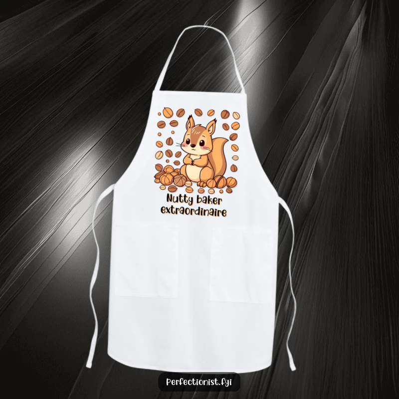 Funny apron featuring a squirrel character organizing nuts by size and color, showcasing its precise culinary approach and a humorous love for order.
