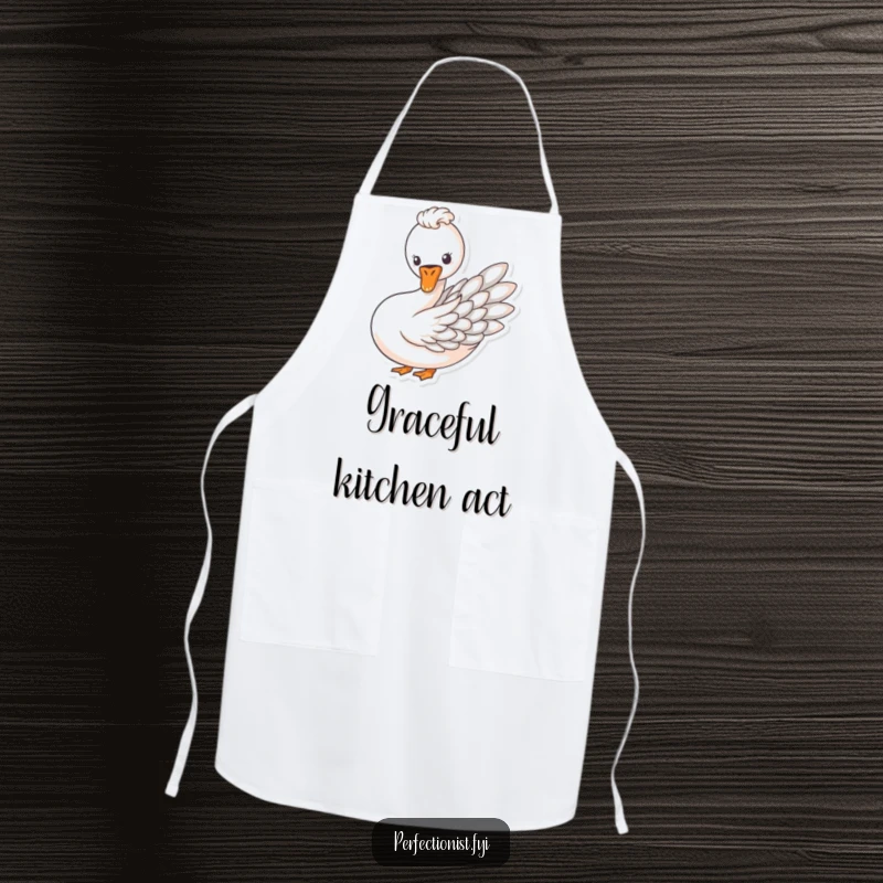 Funny apron depicting a swan meticulously arranging feathers in a perfect pattern, ideal for elegant cooking.