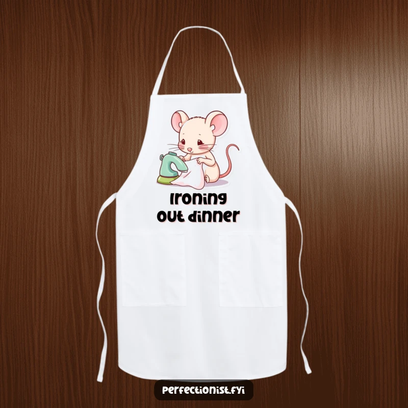 Funny mouse apron featuring a focused mouse character ironing a tiny piece of fabric, ideal kitchen wear for sewists.
