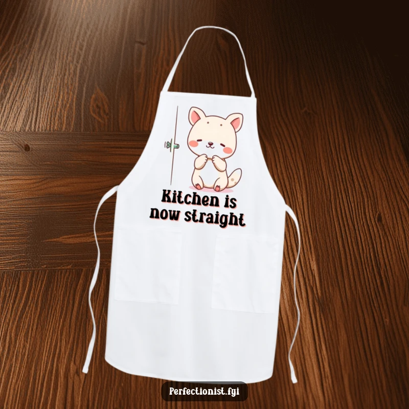 Funny Apron depicting an animal character carefully aligning kitchen items, ensuring culinary perfection with humor.