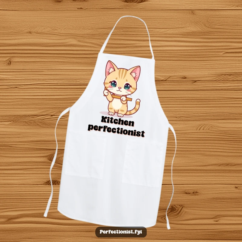 Funny Cat Apron showing a cat character meticulously straightening a wobbly picture frame, perfect for kitchen use and gifting.