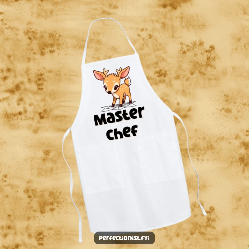 Funny deer apron showing a focused character planning a geometric pathway, perfect for cooks who enjoy humor and intricate animal themes.