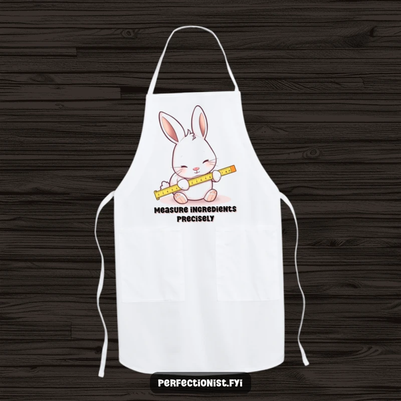 Funny apron showing a focused rabbit using a tiny ruler to measure ingredients, a humorous kitchen accessory for the precise chef.