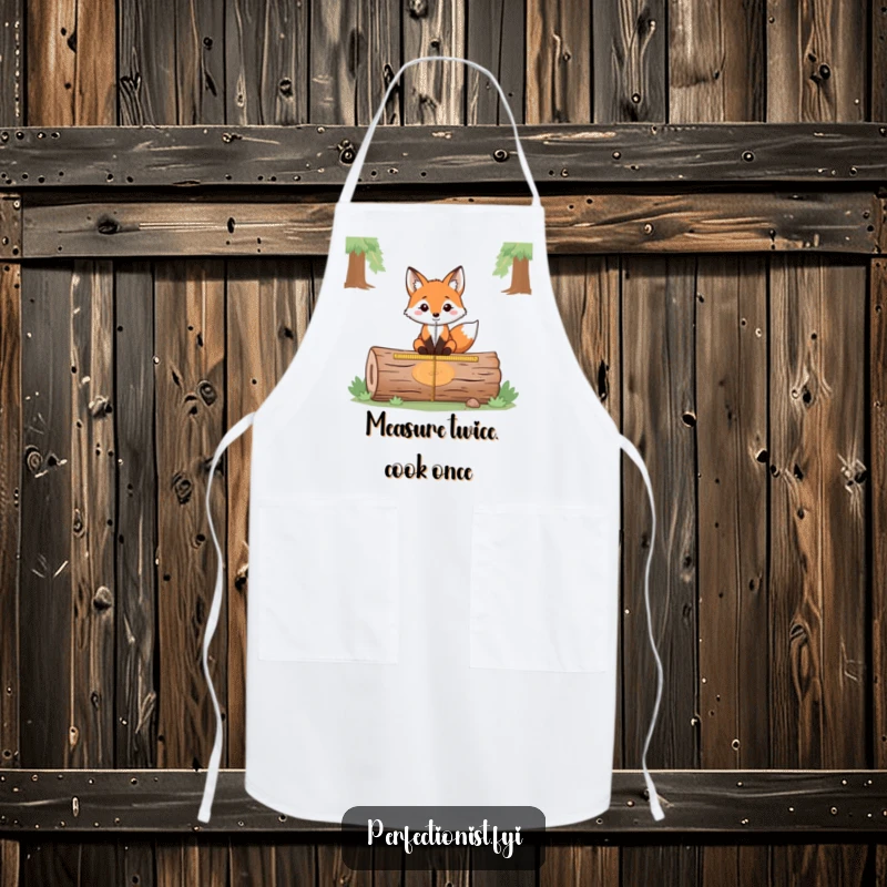 Funny apron showing a fox precisely measuring the exact center of a fallen log, ideal for cooks who value accuracy and a touch of humor.