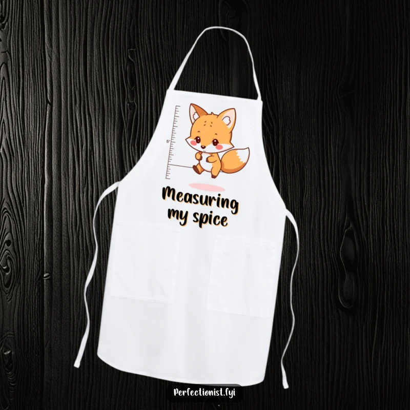 Funny apron with a careful fox character measuring the perfect distance to jump, designed for cooks who value precision and humor.