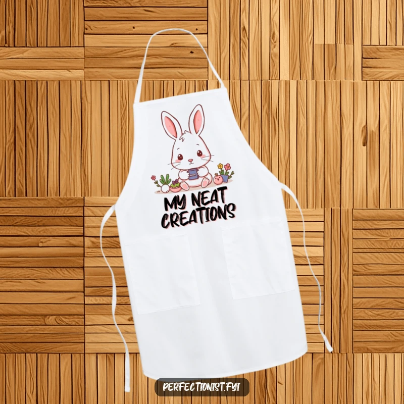 Funny Apron: A rabbit aligns small objects precisely, a humorous and practical kitchen accessory.