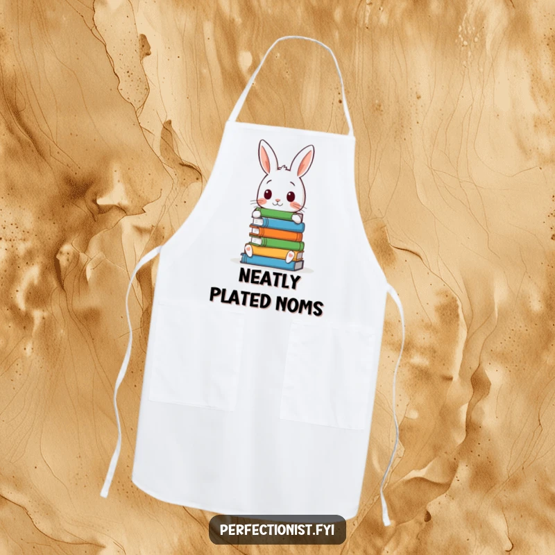 Funny apron showcasing a meticulous rabbit character, perfectly arranging books, adding humor to kitchen activities and cooking.