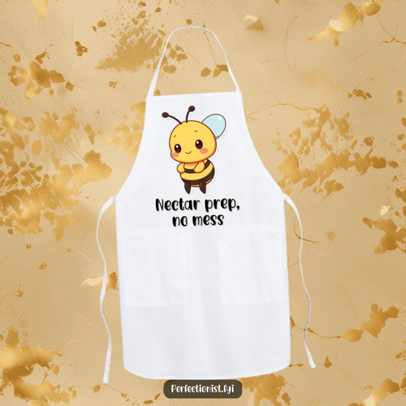 Funny bee apron featuring a precise bee character aligning nectar drops, ideal kitchen wear for detail-oriented cooks.