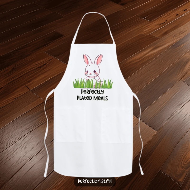 Funny Apron: A meticulous bunny carefully arranges blades of grass in a straight line, adding a humorous and precise touch to kitchen attire.