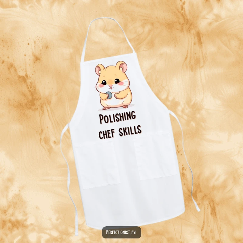 Funny hamster apron featuring a character meticulously polishing a single, tiny button, adding a touch of humorous shine and protection to kitchen tasks.