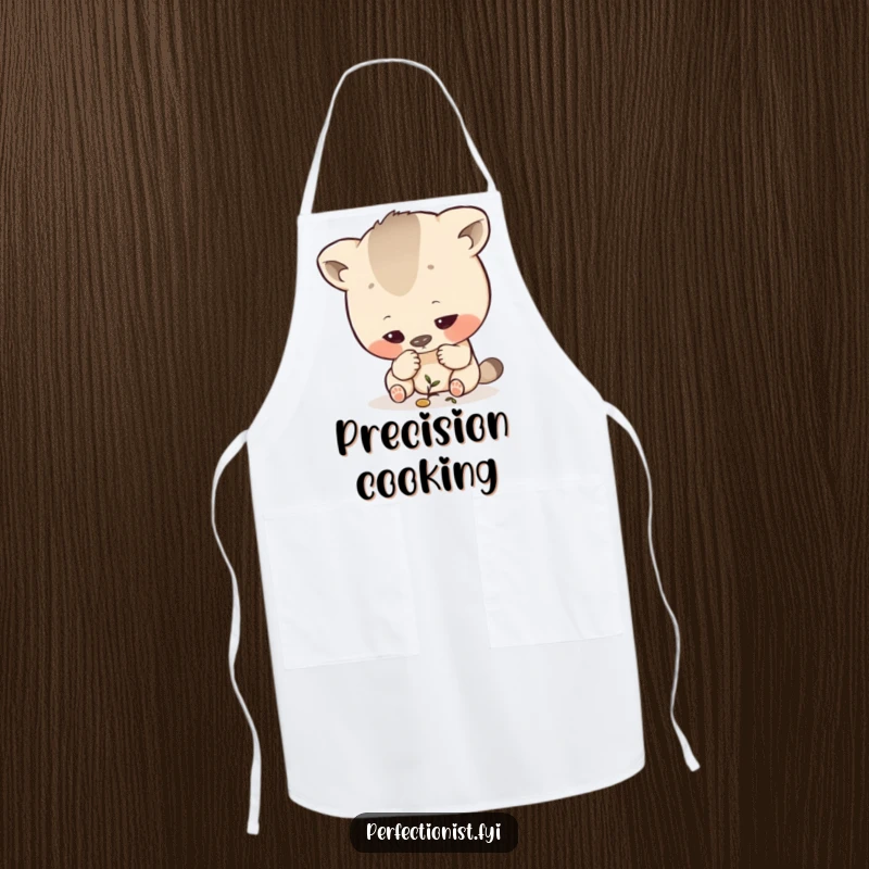 Funny Inspecting Apron: A kitchen apron featuring an exacting animal character closely examining a tiny component with a magnifying glass.