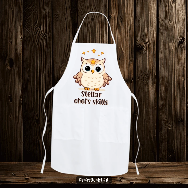 Funny apron showing an owl meticulously aligning stars in its gaze, ideal for cooks who value cosmic order and a touch of humor.