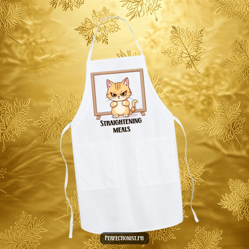 Funny apron depicting a cat giving a stern look after straightening a crooked painting, ideal for a stylish kitchen.