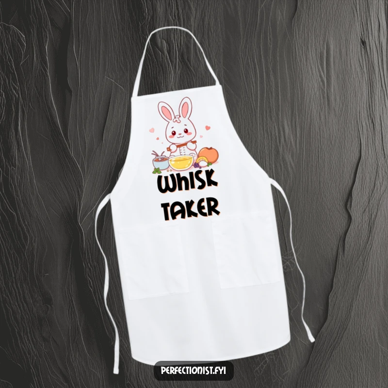 Funny Kawaii rabbit apron, a rabbit precisely measuring ingredients, perfect for accurate baking.